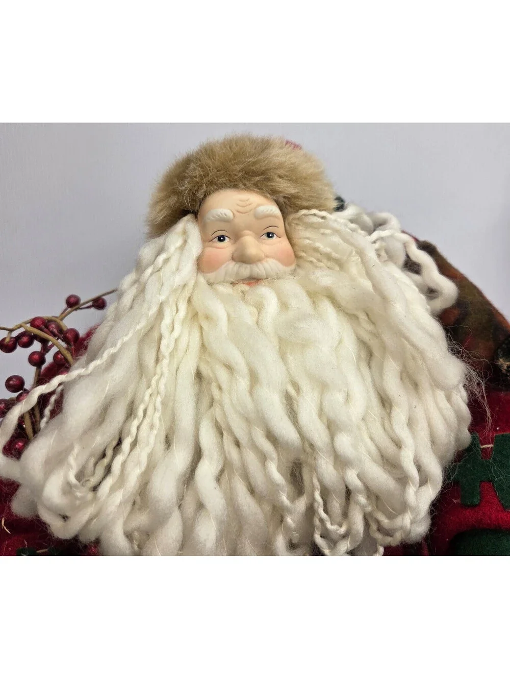 Vintage Christmas Santa Claus Shelf Sitter Doll Plaid Outfit Basket Rustic Decor